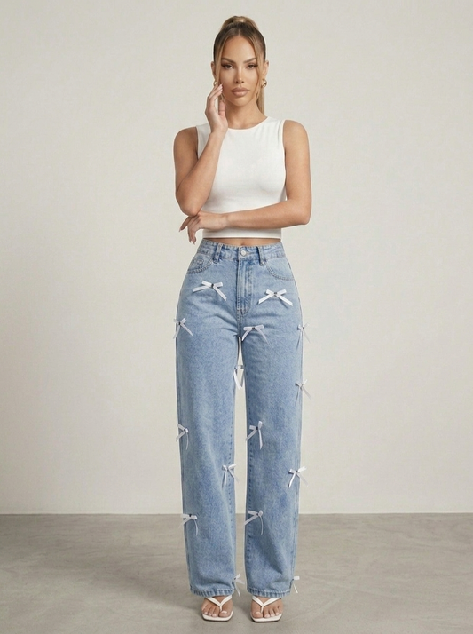 Bow Decor High Waist Wide Leg Jeans