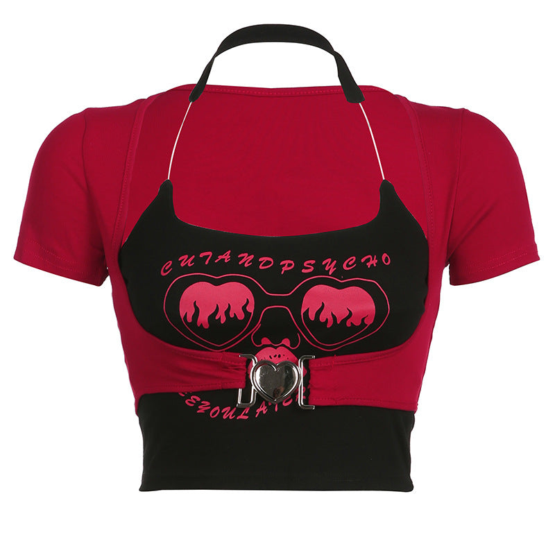 Fashion Graffiti Printing Invisible Shoulder Strap Vest T-shirt Two-piece Set