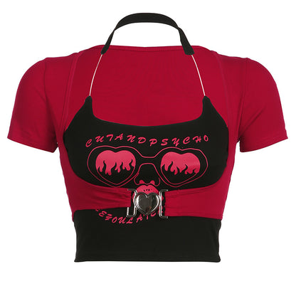 Fashion Graffiti Printing Invisible Shoulder Strap Vest T-shirt Two-piece Set