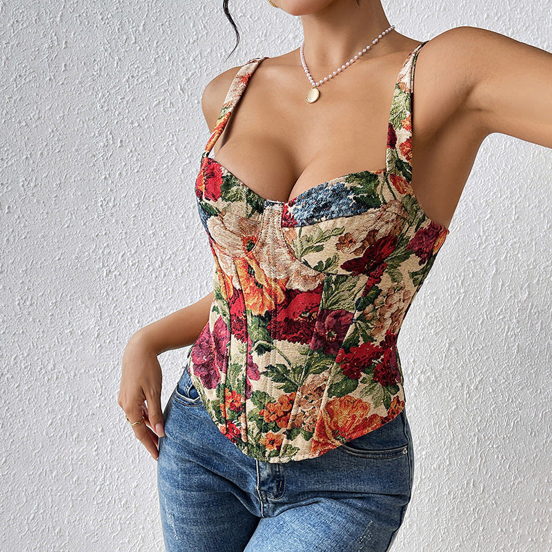 Women's Retro Floral Strap French Style Tank Top