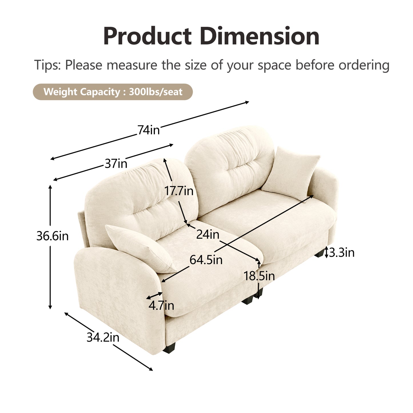 Loveseat Cloud Sectional Couches  Chenille Fabric, Quilted Pleated Design, Ergonomic Design, High-Density Foam Easy Install Elegant Armrests High Quality Wooden Base,Fits Living Rooms,Beige