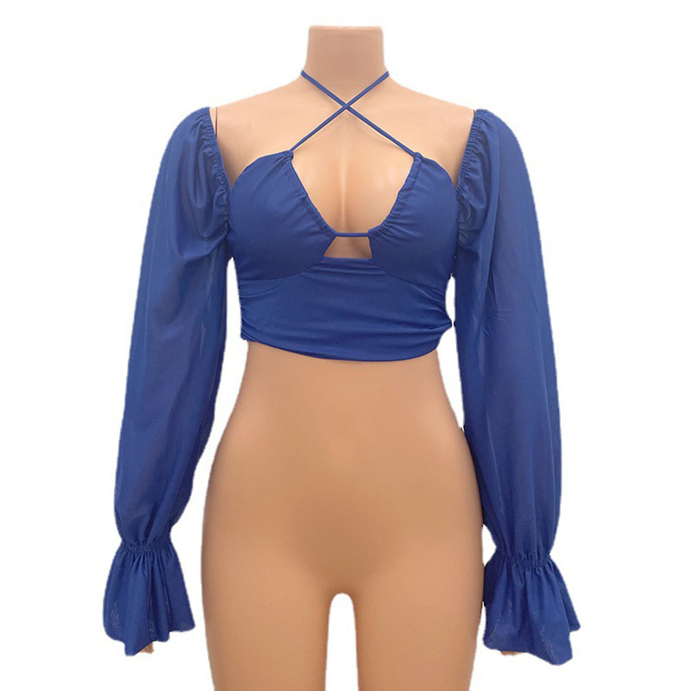 Blue Top Design Women's Fashionable Sexy Beach Lantern Sleeve Backless Halter Lace-up Hot Girl Top