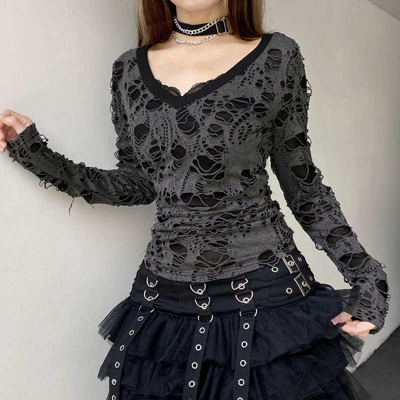European And American Dark Style V-neck Hole Stitching T-shirt
