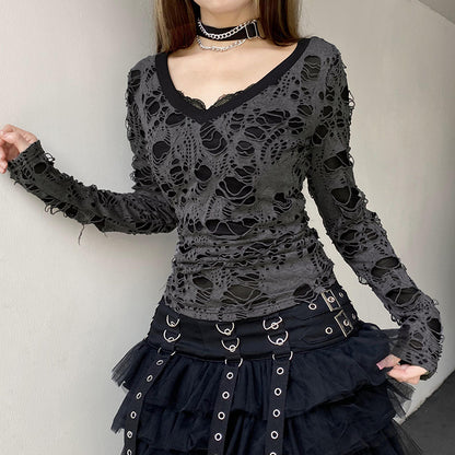 European And American Dark Style V-neck Hole Stitching T-shirt