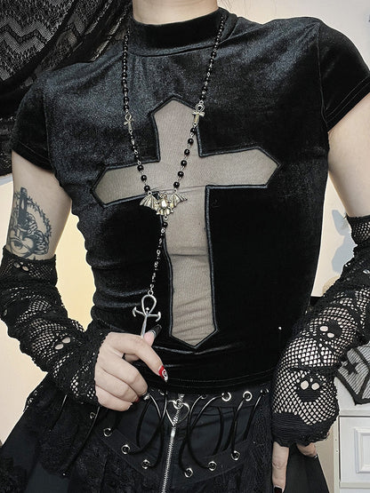 Turtleneck Cross See-through Short Sleeve T-shirt