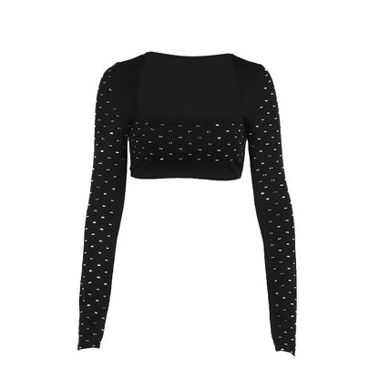 Street Style Hot Girl All-match Rhinestone Square Collar Short Long Sleeve
