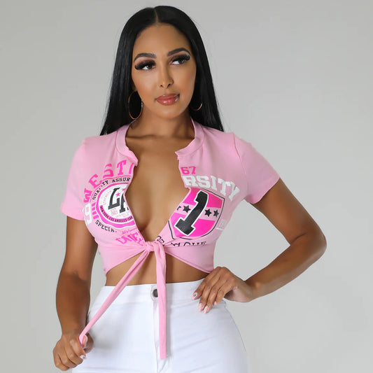 Adhesive Cement Hollow-out Short-sleeved Lace-up T-shirt Top