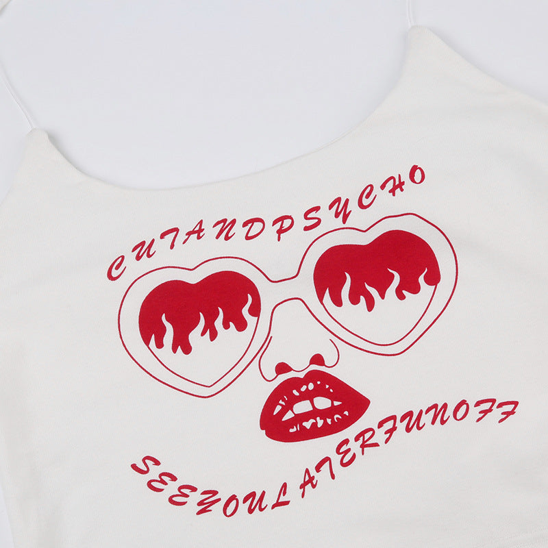 Fashion Graffiti Printing Invisible Shoulder Strap Vest T-shirt Two-piece Set