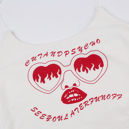 Fashion Graffiti Printing Invisible Shoulder Strap Vest T-shirt Two-piece Set