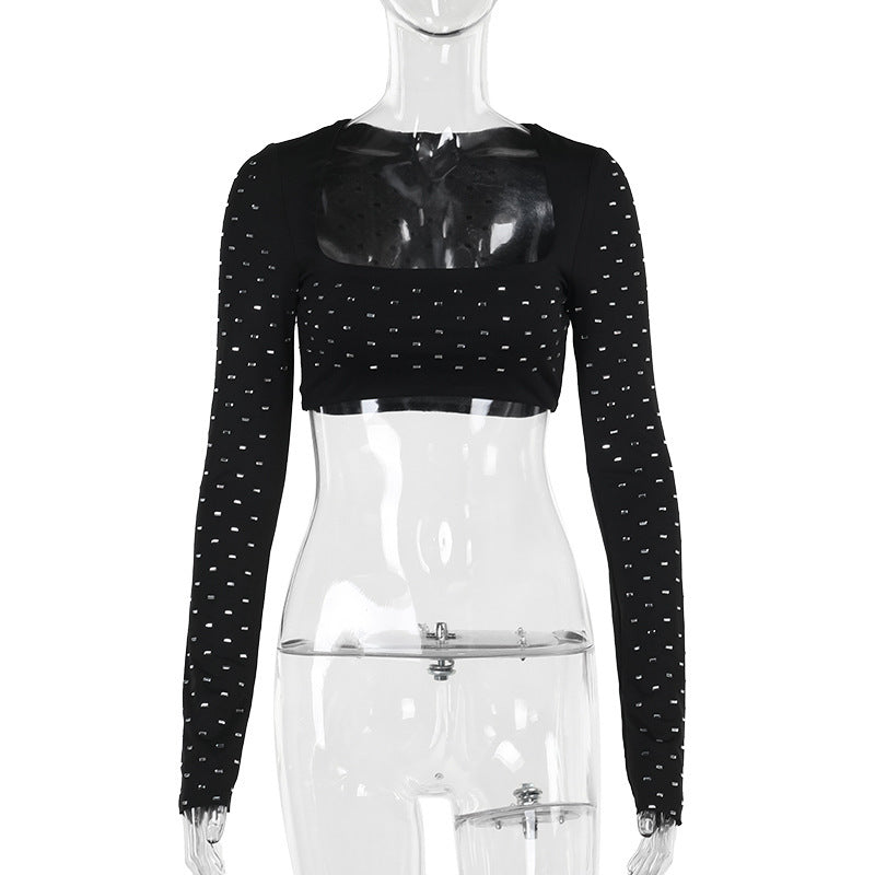 Street Style Hot Girl All-match Rhinestone Square Collar Short Long Sleeve