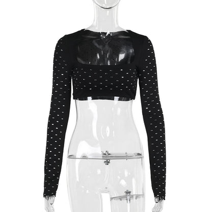Street Style Hot Girl All-match Rhinestone Square Collar Short Long Sleeve