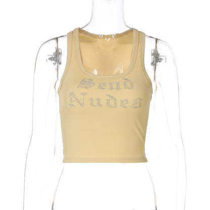 Fashion Casual Letter Rhinestone Short Vest For Women