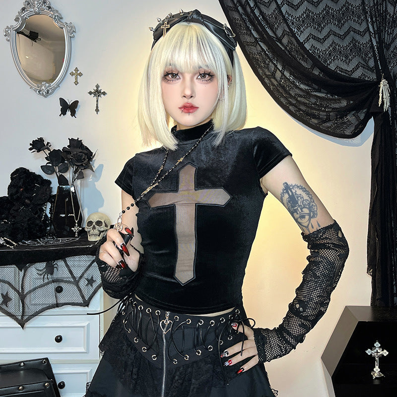 Turtleneck Cross See-through Short Sleeve T-shirt