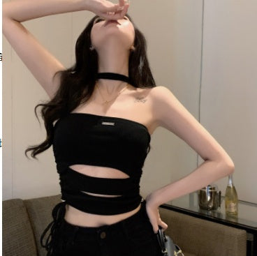 Black Cutout Drawstring Camisole Short Halterneck