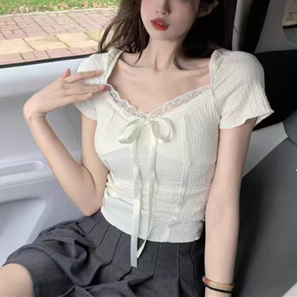 Lace Lace Square Collar Korean-style Short-sleeved T-shirt