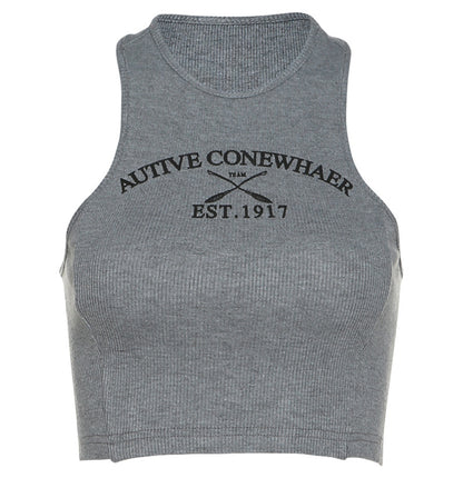 Women's Solid Color Crop Neck Print Sleeveless Vest Female
