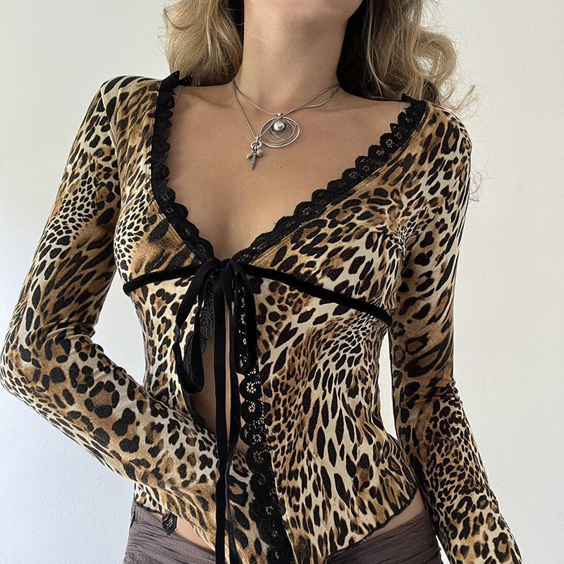 Lace Stitching Leopard Print Contrast Color Lace-up Top