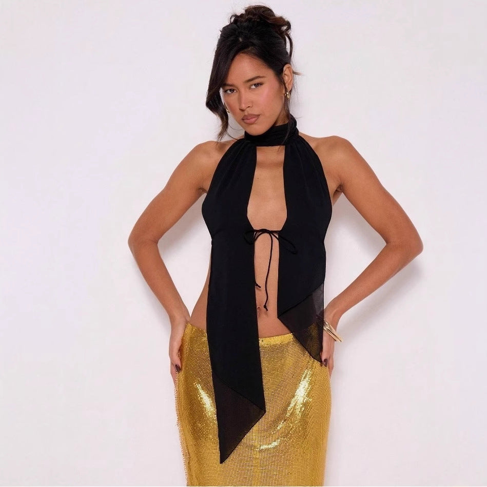 Sexy Stand Up Collar Halter Backless Lace Up Vest Top