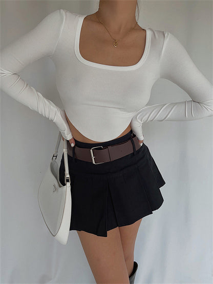 Women's Rib Knitted Cropped Top Square Collar Autumn Wrap Pullover