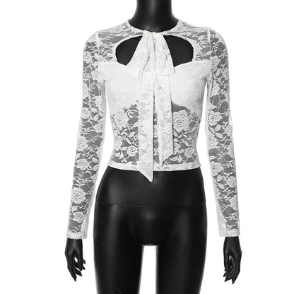 Solid Color Lace Long Sleeve Tied Hollow Top