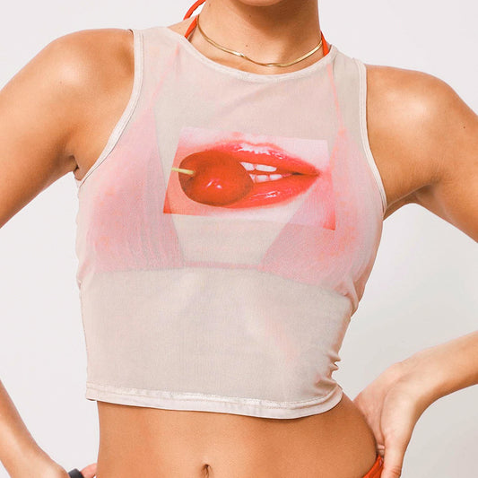 Round Collar Gauze Printed Short Sleeveless Slim T-shirt For Women