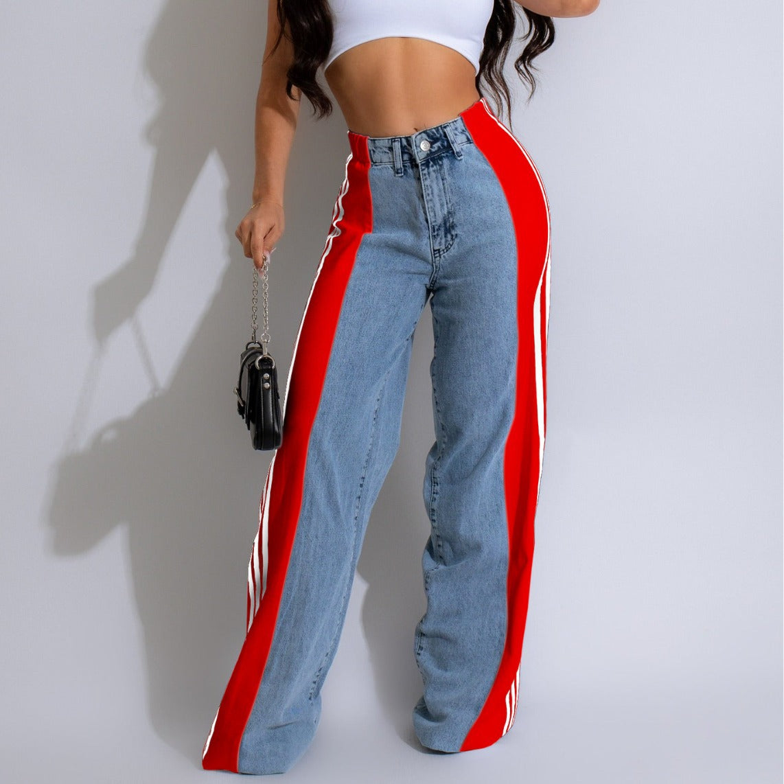 Fashion Casual High Waist Elastic Straight Leg Trousers Three Stripe Patchwork Denim Wide Leg Pants Streetwear