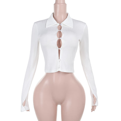 All-match Sunken Stripe Lapel Button Long-sleeved Top