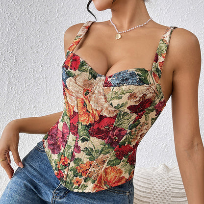 Women's Retro Floral Strap French Style Tank Top