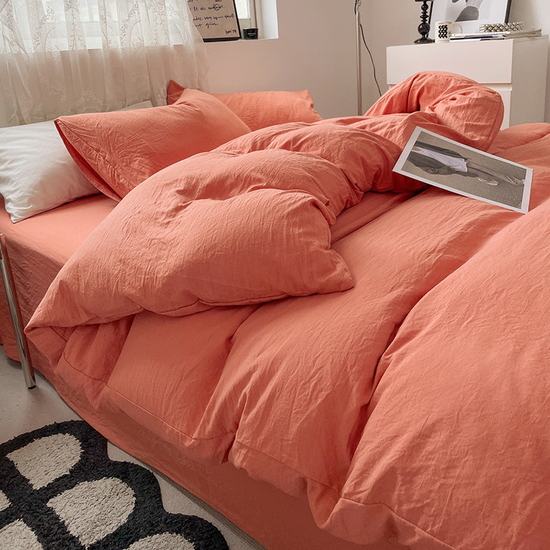 Four-piece Bed Set Solid Color Sanding Washed Cotton Duvet Cover