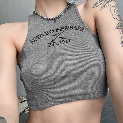 Women's Solid Color Crop Neck Print Sleeveless Vest Female