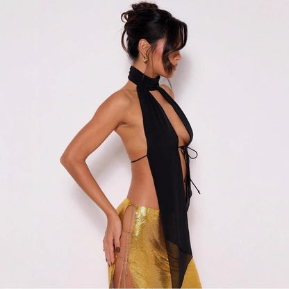 Sexy Stand Up Collar Halter Backless Lace Up Vest Top