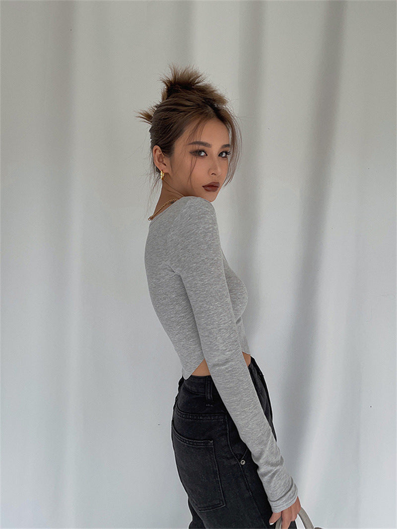 Women's Rib Knitted Cropped Top Square Collar Autumn Wrap Pullover