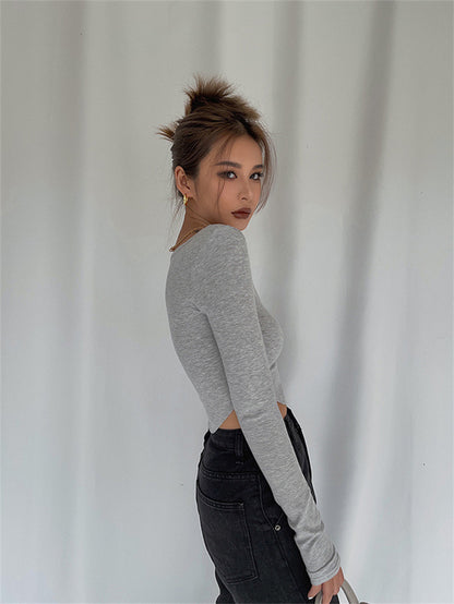 Women's Rib Knitted Cropped Top Square Collar Autumn Wrap Pullover