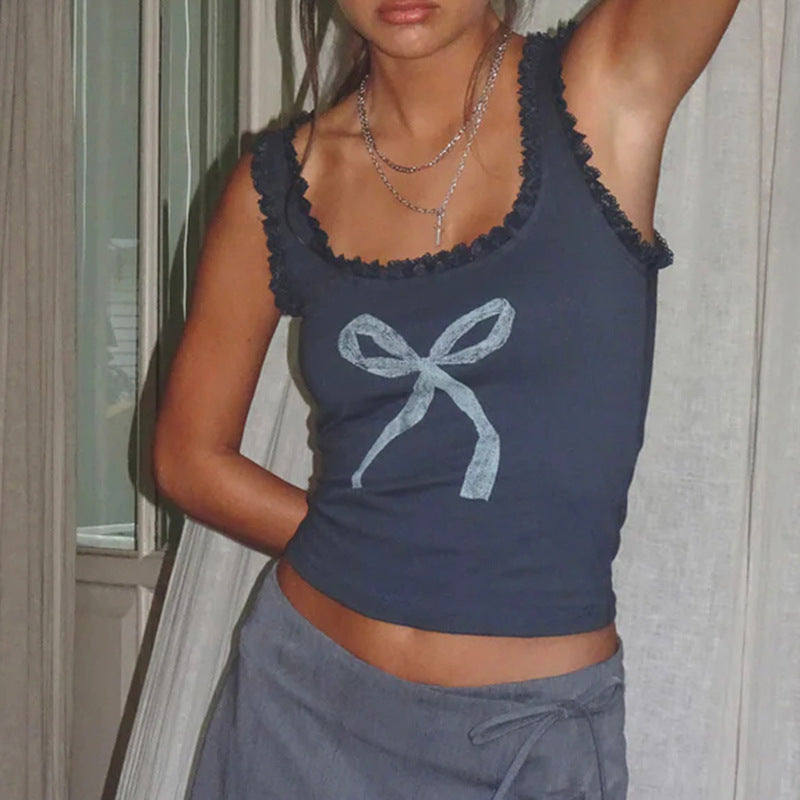 Hot Girl Lace Bow Print Vest