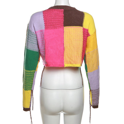 Women's Fashion Tassel Contrast Color Round Neck Loose Sweater