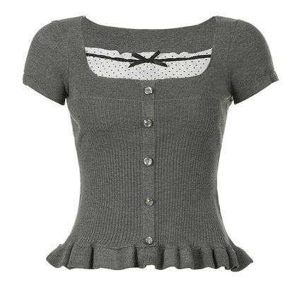 Lace Stitching Bow Square Collar High Waist Short Sleeve T-shirt Top