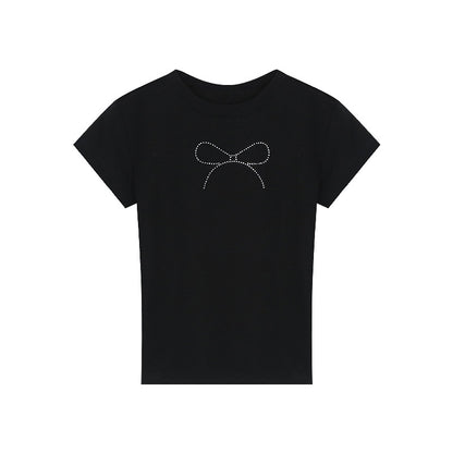Summer American Hot Girl Short-sleeved T-shirt Navel Black Bow