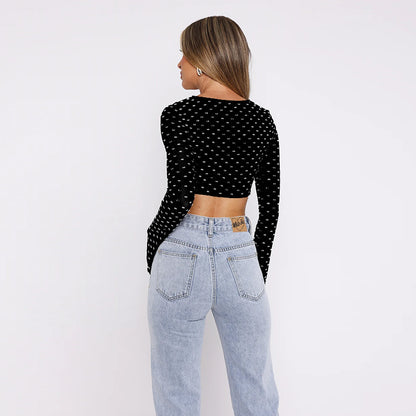 Street Style Hot Girl All-match Rhinestone Square Collar Short Long Sleeve