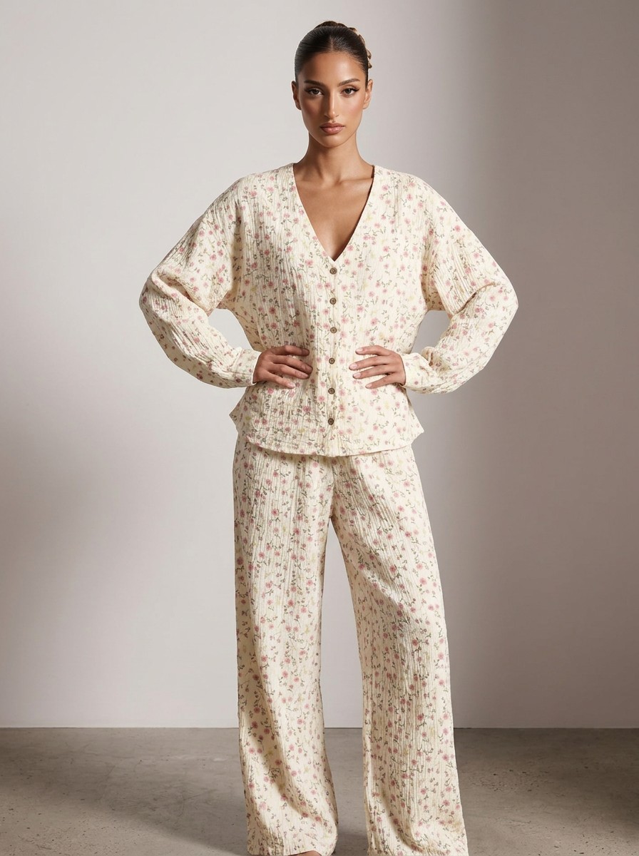 Floral Print Button-Down Top and Pants Lounge Set