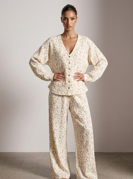 Floral Print Button-Down Top and Pants Lounge Set