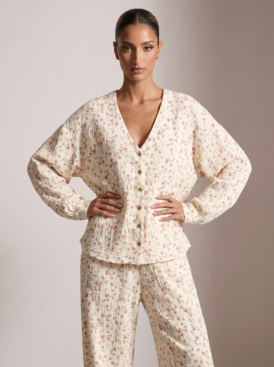 Floral Print Button-Down Top and Pants Lounge Set