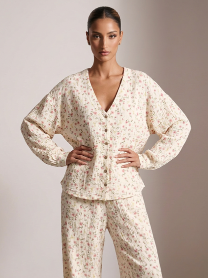 Floral Print Button-Down Top and Pants Lounge Set