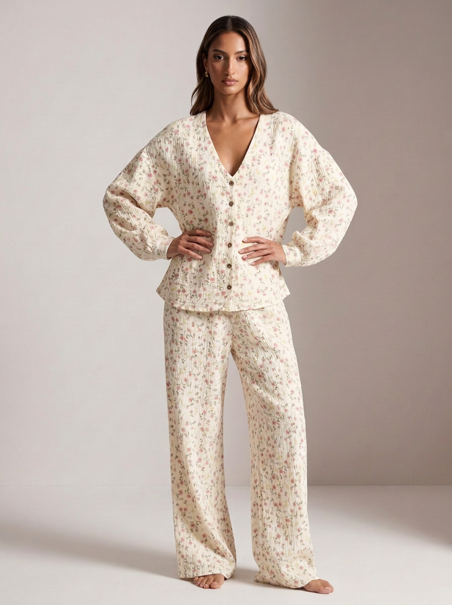 Floral Print Button-Down Top and Pants Lounge Set