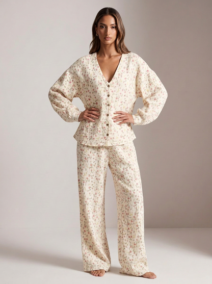 Floral Print Button-Down Top and Pants Lounge Set