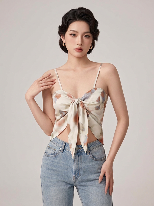 Retro Blooming Bandeau Sling Vest Bow Lace-up Top