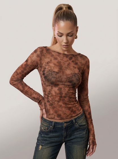 Millennium Niche Printed Mesh See-through Boat Neck Long Sleeve T-shirt