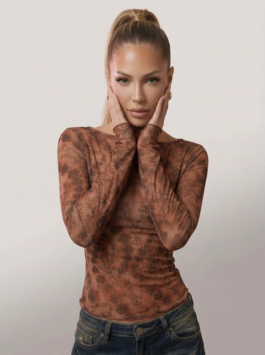 Millennium Niche Printed Mesh See-through Boat Neck Long Sleeve T-shirt