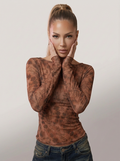 Millennium Niche Printed Mesh See-through Boat Neck Long Sleeve T-shirt