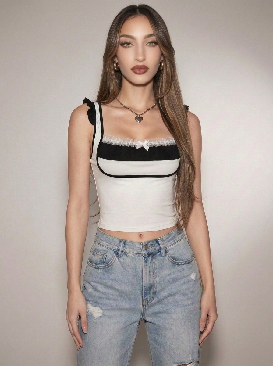 Women's Fashion Lace Edge Collision Color Slimming Thin Short Undershirt