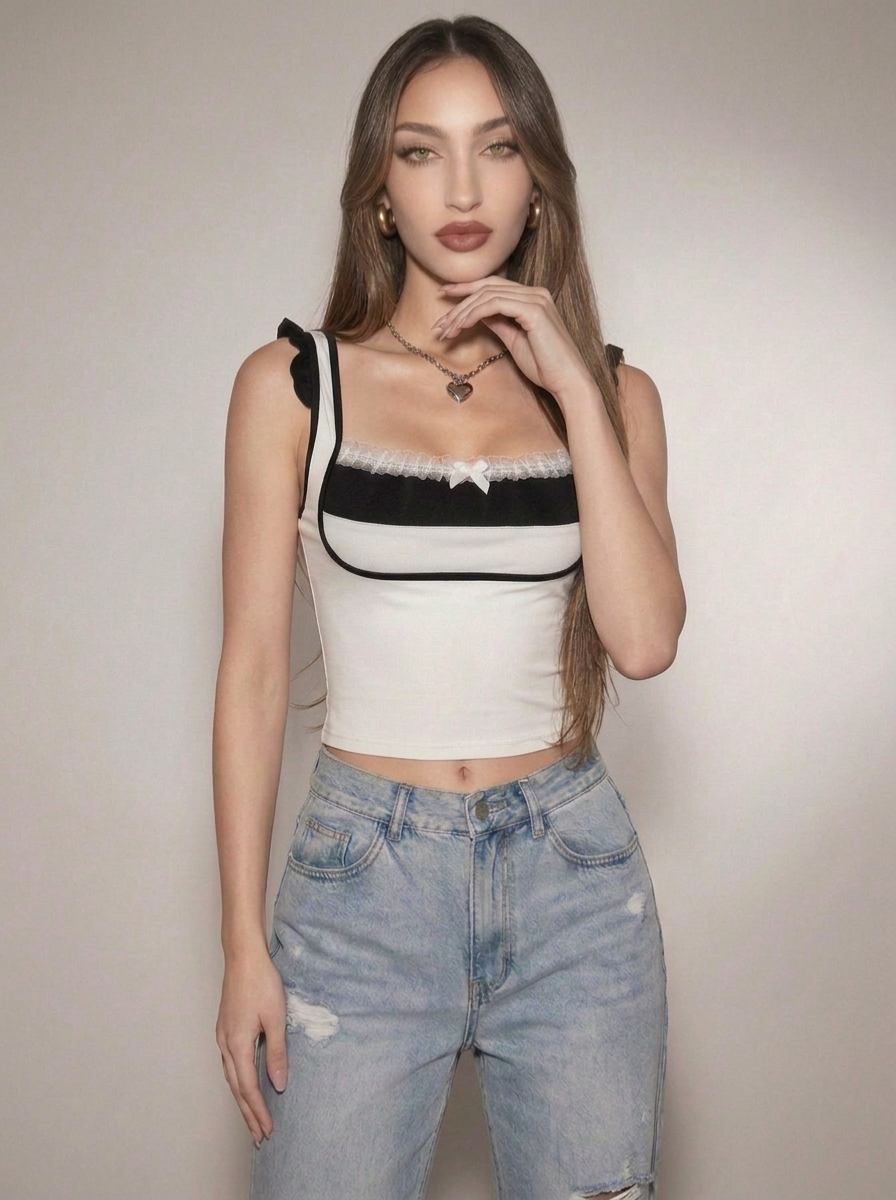 Women's Fashion Lace Edge Collision Color Slimming Thin Short Undershirt